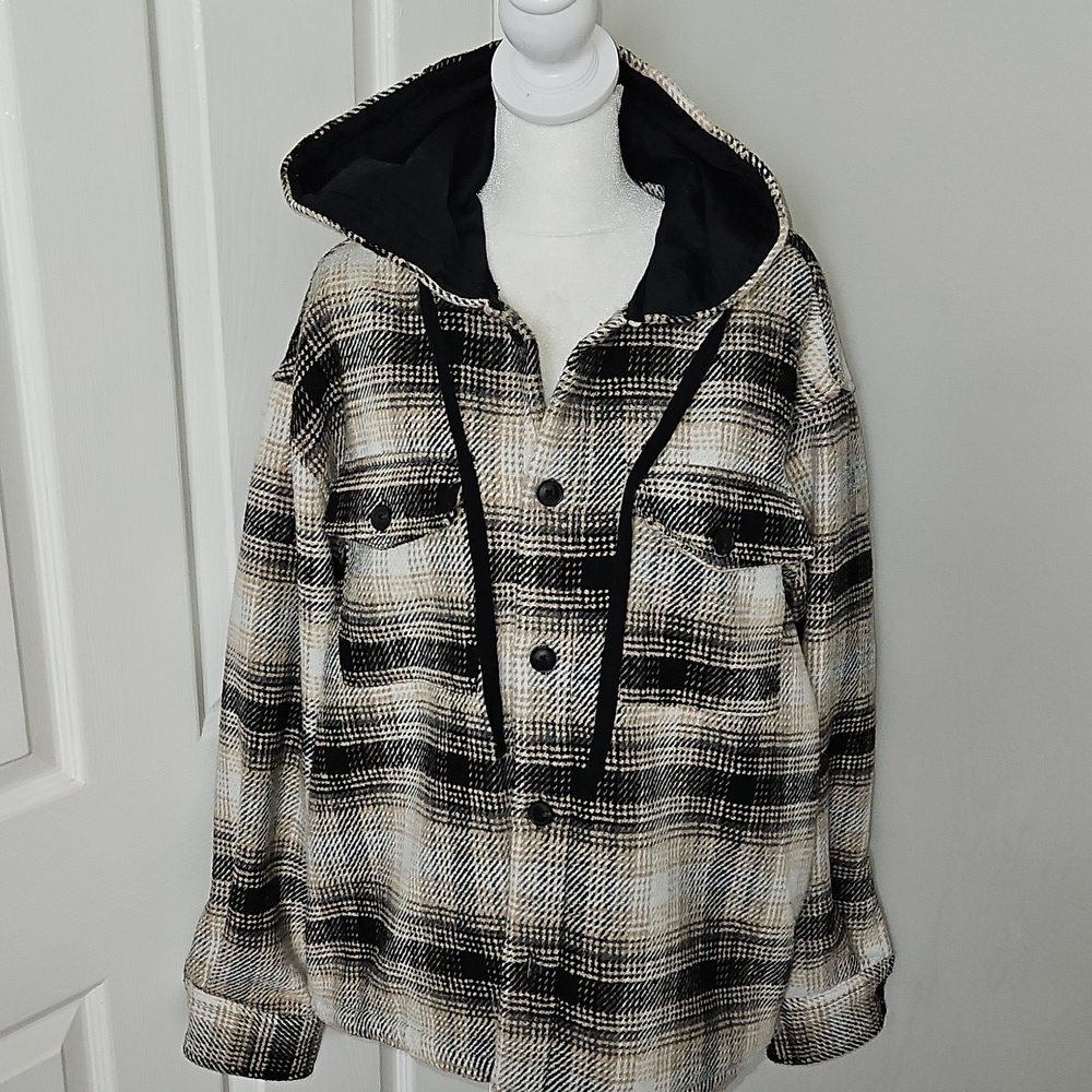 Zara Men’s Knit Check Button-Up Hooded Overshirt Size M